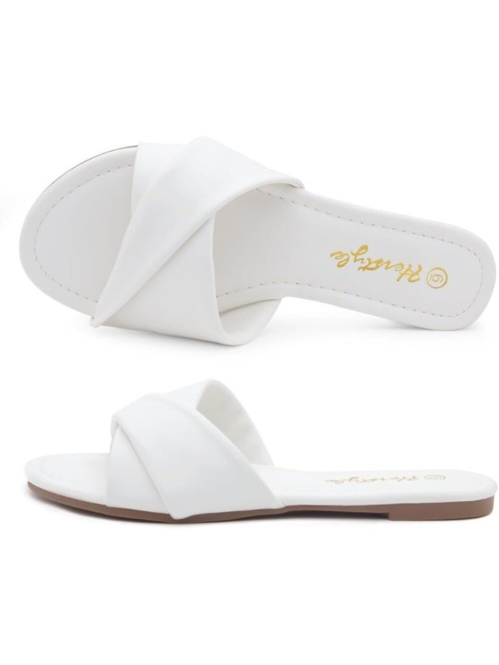 Women's White Flats Slip On Open Toe Casual Slide Cushioned Footbed Summer Shoes - Picture 4 of 6